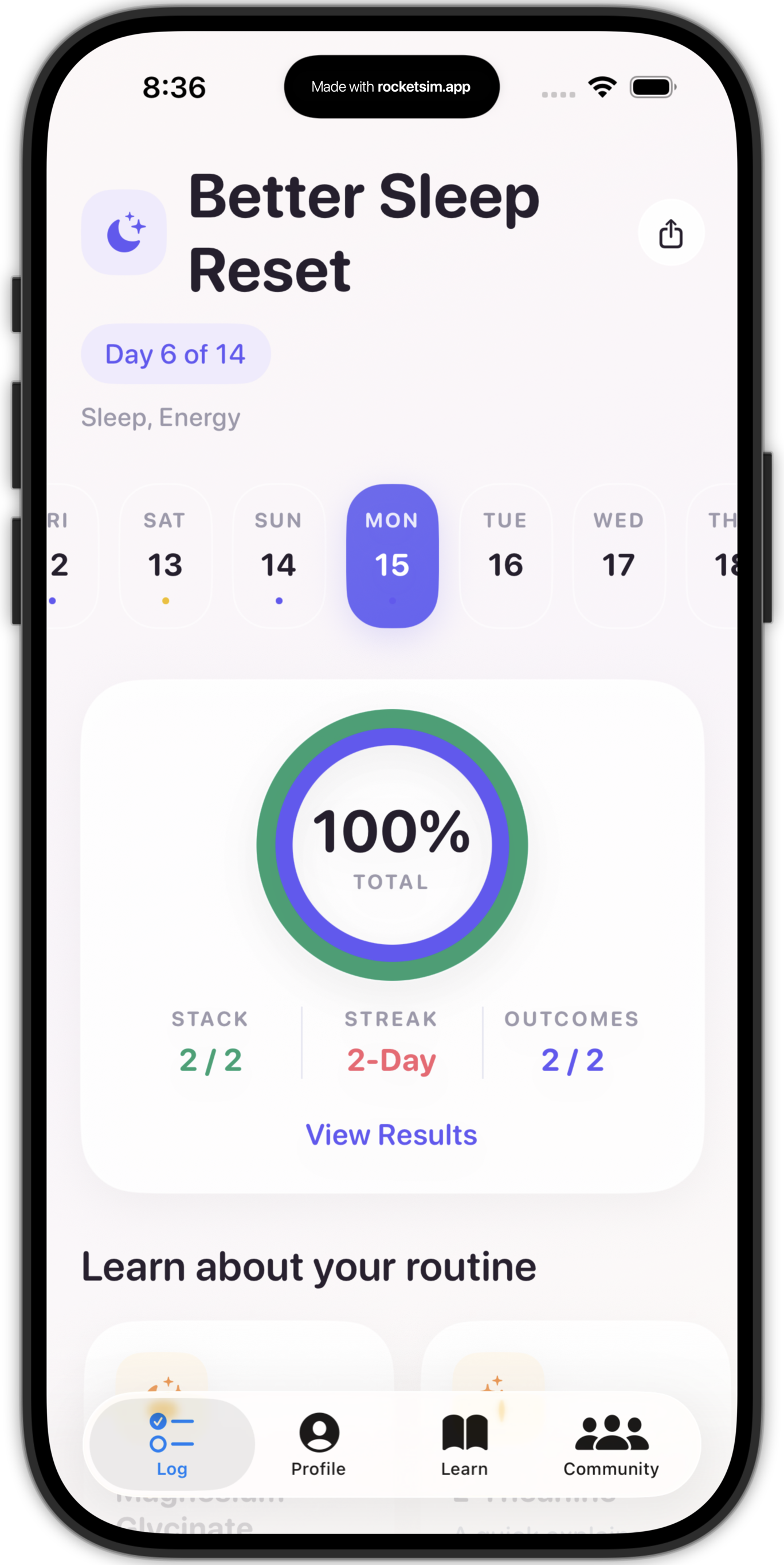 Ovelia Better Sleep Reset screen